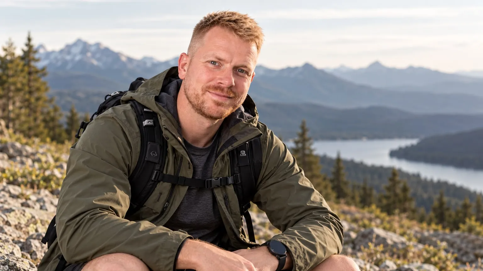 Honza Kovalčík on a hike, with mountains and a lake behind him